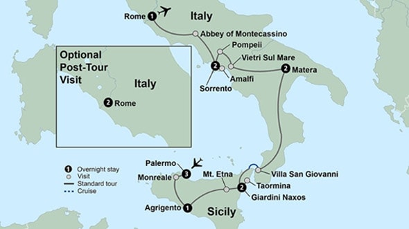  tour itinerary map sicily to rome