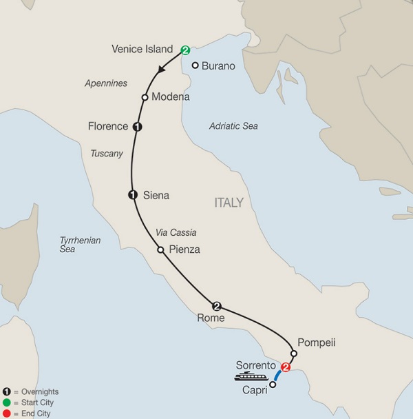 venice florence siena rome sorrento itinerary map