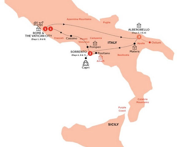 southern italy tour from rome itinerary map