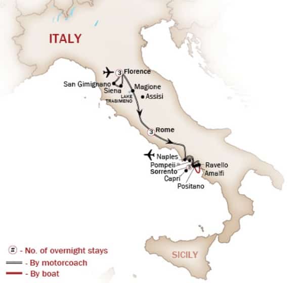 Florence, Rome, Amalfi Coast Italy tour itinerary map