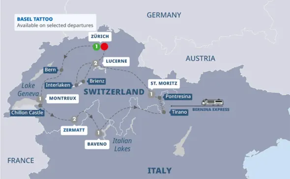 Switzerland and Italy tour itinerary map