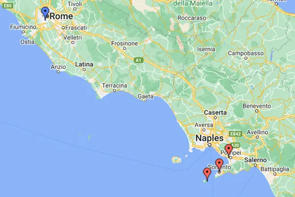 rome and amalfi coast tour by train itinerary map