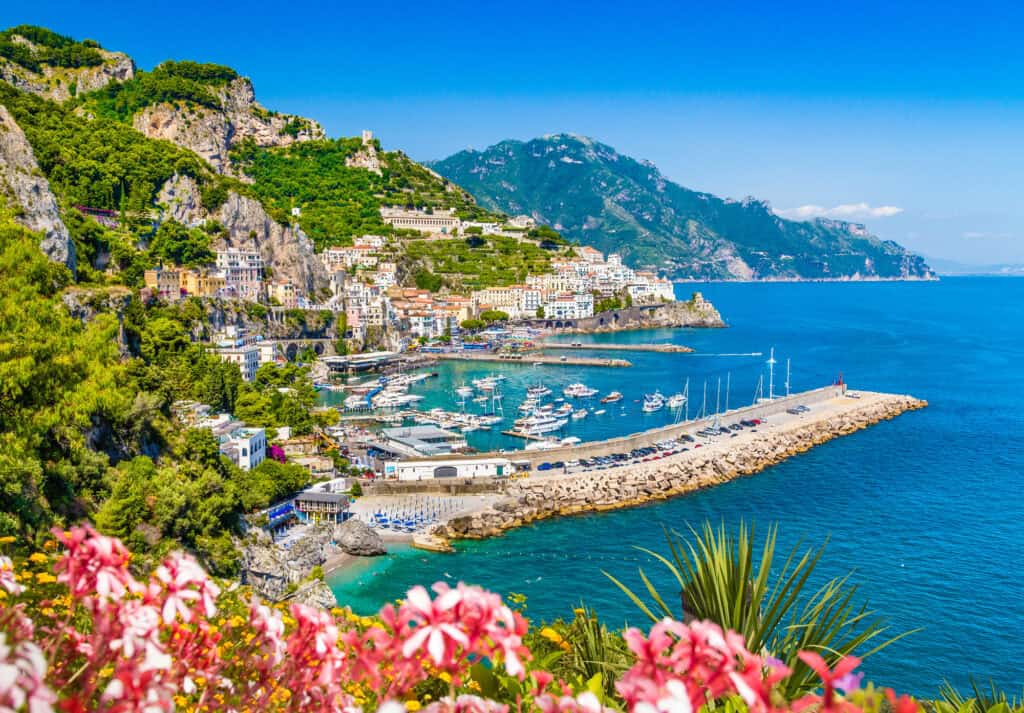 Scenic picture-postcard view of famous Amalfi Coast with beautiful Gulf of Salerno, Campania, Italy