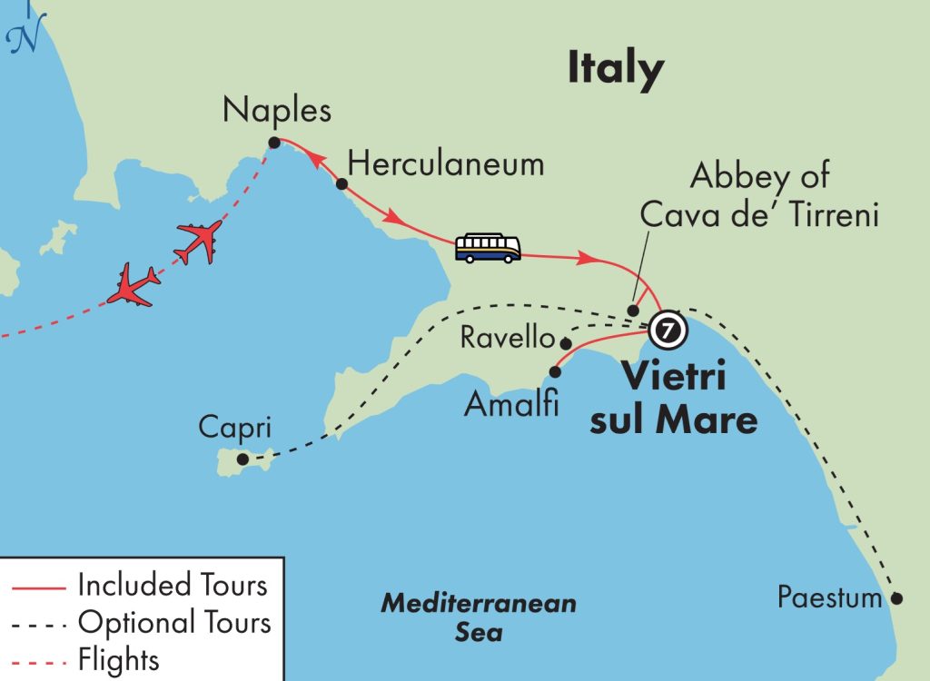 amalfi coast vacation itineray map visits capri naples ravello paestum herculaneum amalfi positano