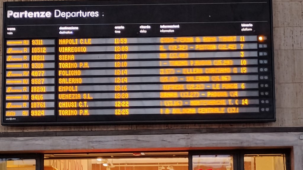 Florence Santa Maria Novella train station digital schedule board for Italy high-speed and regional trains