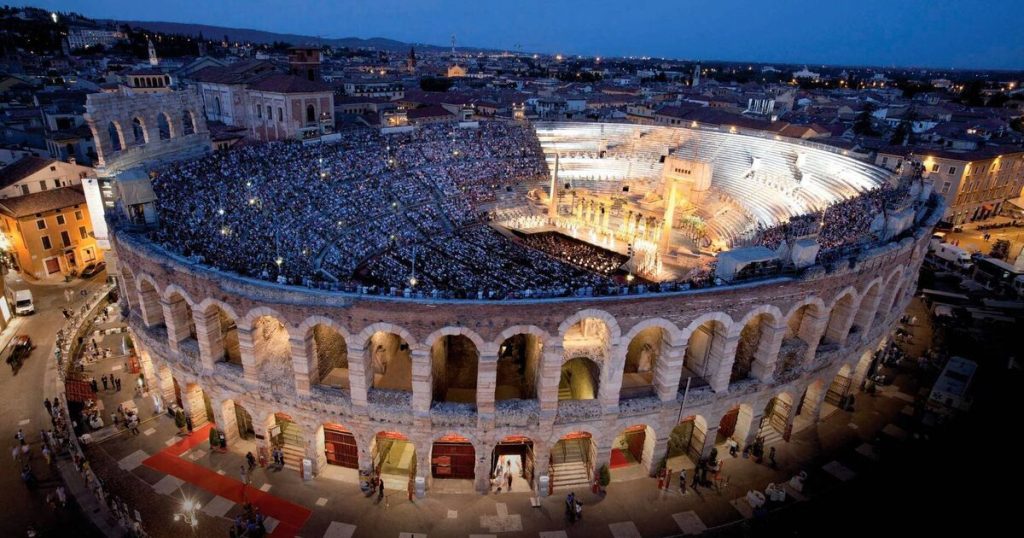 Arena di Verona in winter, historic Roman amphitheater hosting the Milano Cortina 2026 Winter Olympics Closing Ceremony, perfect for Northern Italy vacations in Veneto