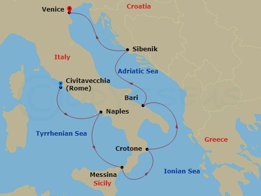 Viking Ocean Italian Sojourn cruise itinerary map Rome Venice Sicily Naples