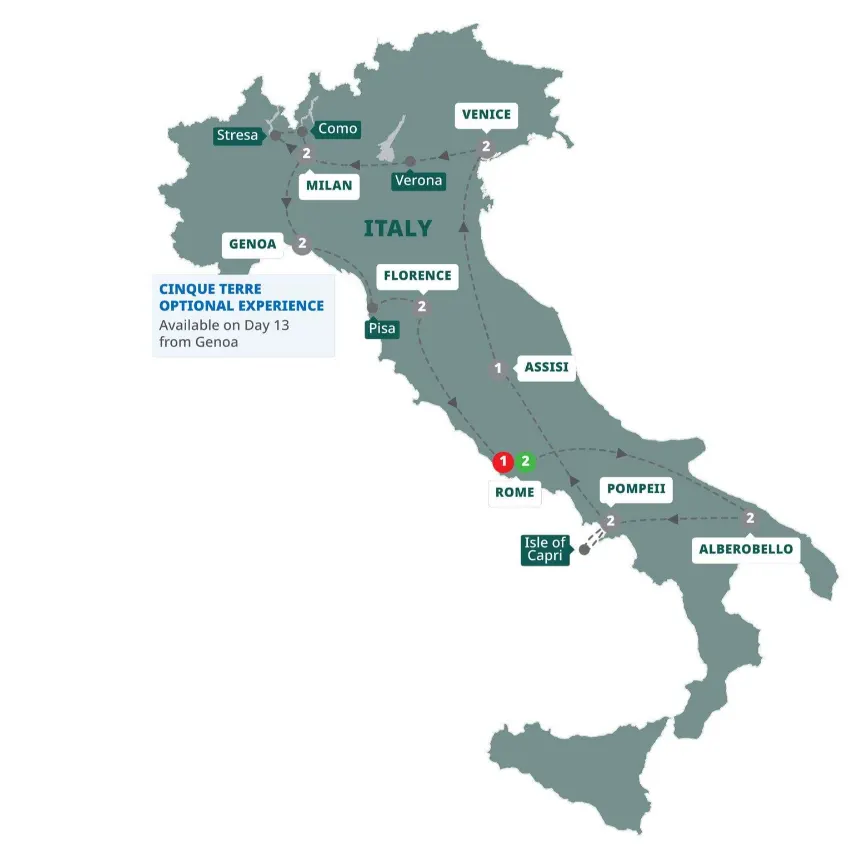 18 day italy itinerary map Rome, Alberobello, Sorrento, Assisi, Venice, Milan, Genoa, Florence
